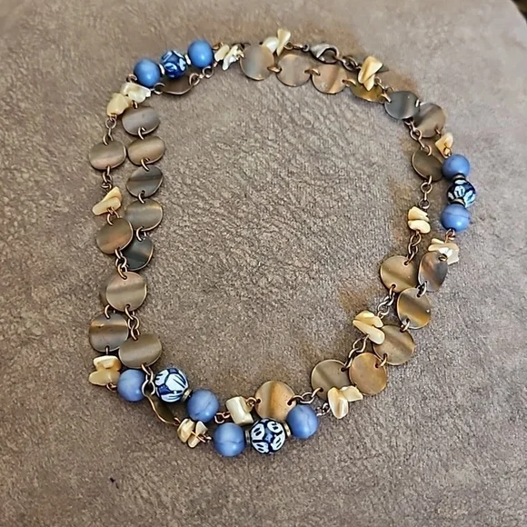 VTG Coldwater Creek Ceramic Shell Bronze Disc Beaded Chain Long Necklace - Picture 2 of 9